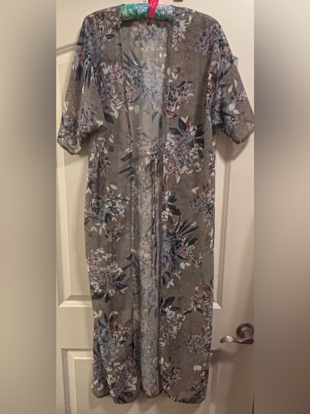 Floral Tie-Waist Maxi Kimono in Taupe and Blue Floral